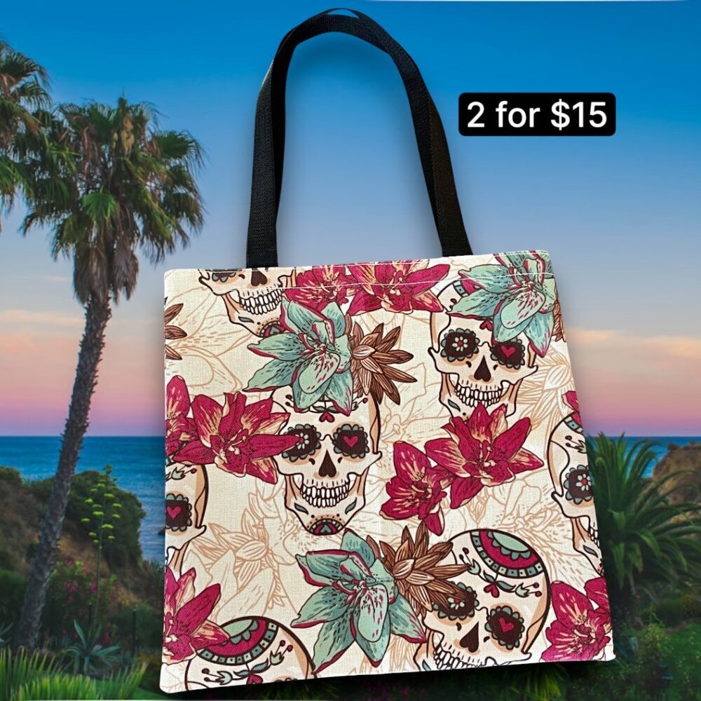 Sugar Skulls Floral Goth Painted Fabric Tote Casual Everyday Tote